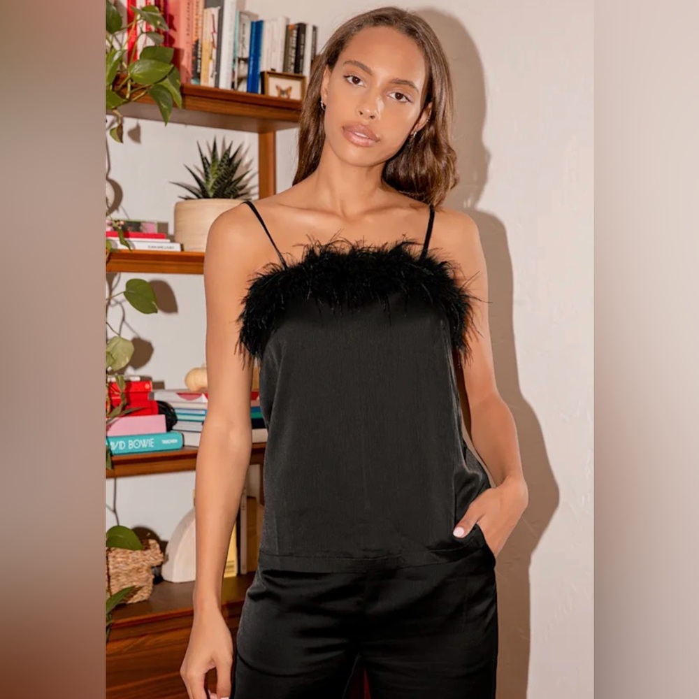 Lulu's So Much Luxe Black Satin Feather Tank Top
